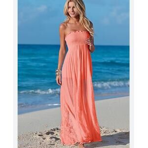 Venus Strapless Coral Lace Panel Maxi Dress Size L Beach Boho Bohemian Flowy